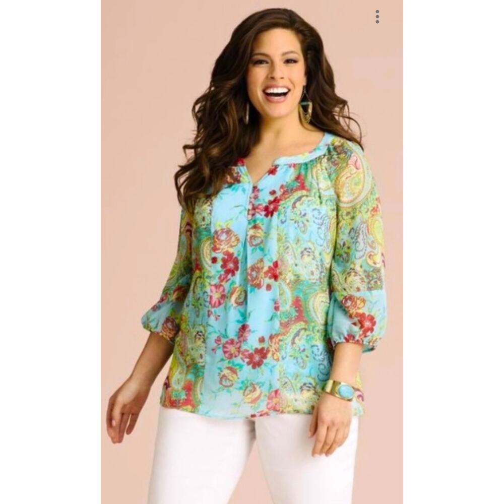 Fig & Flower Sheer Aqua Blue Floral Paisley Boho Peasant Blouse Medium Resort
